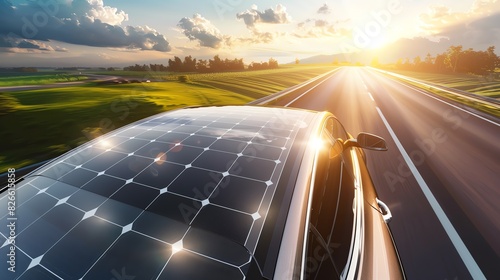 A modern car equipped with solar panels on its roof, shining under the midday sun, with an open road stretching ahead. photo