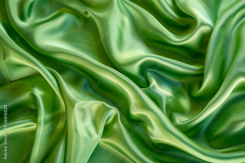 Obraz premium Elegant green silk fabric texture abstract, silky waves. Smooth textile background, elegance luxurious design