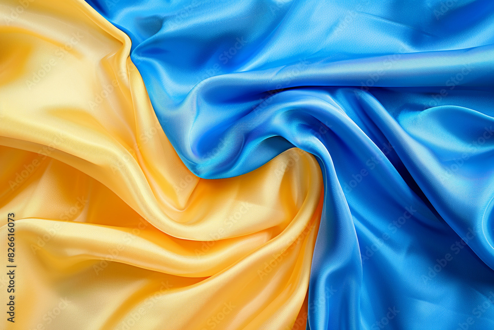 Elegant blue yellow silk fabric texture abstract, silky waves. Smooth textile background, elegance luxurious design