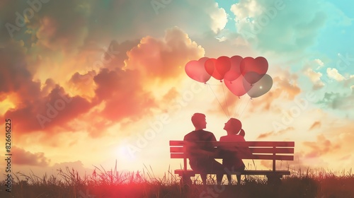 back view of young couple , Heart-Shaped Balloons on a Park Bench Under a Dreamy Pastel Sky photo