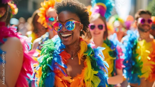 A photo of a group of people marching in a Pride Parade, wearing matching rainbow-colored feather boas and sunglasses. photo