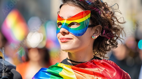 A photo of a person wearing a rainbow-colored mask and a superhero cape, marching confidently in a Pride Parade. photo