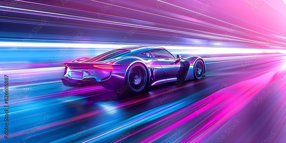 Futuristic sports car speeding on colorful night track with powerful acceleration. Concept Sports Car Photography, Nighttime Racing, Fast and Furious, Futuristic Technology, Power and Speed