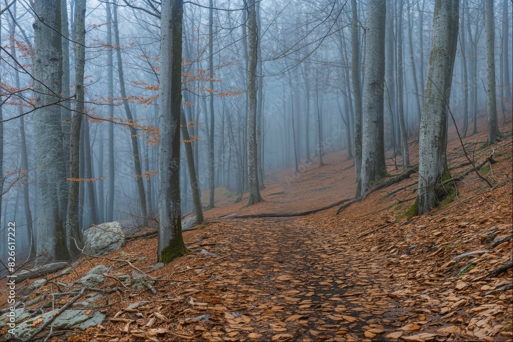 Fototapeta premium Autumn Forest Trail in Hazy Woodland Scenery