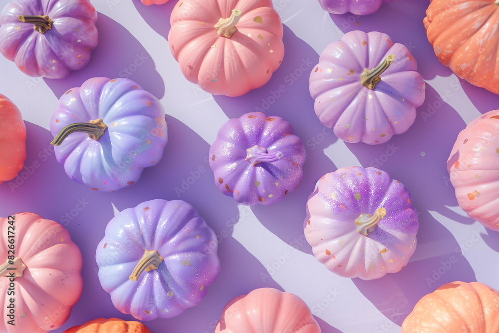 Minimalistic flat lay of purple and pink pumpkins on pastel lilac background with confetti and glitter for Halloween party decoration or design concept Minimalistic flat lay of purple and pink pumpkins on pastel lilac background with confetti and glitter for Halloween party decoration or design concept