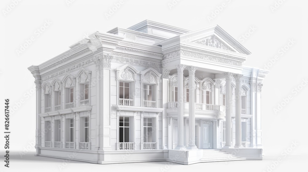 Realistic 3D rendering of a white grand villa with detailed features, isolated on a white background (copy space, high-end property, futuristic, Composite, plain backdrop) Realistic 3D rendering of a white grand villa with detailed features, isolated on a white background (copy space, high-end property, futuristic, Composite, plain backdrop)