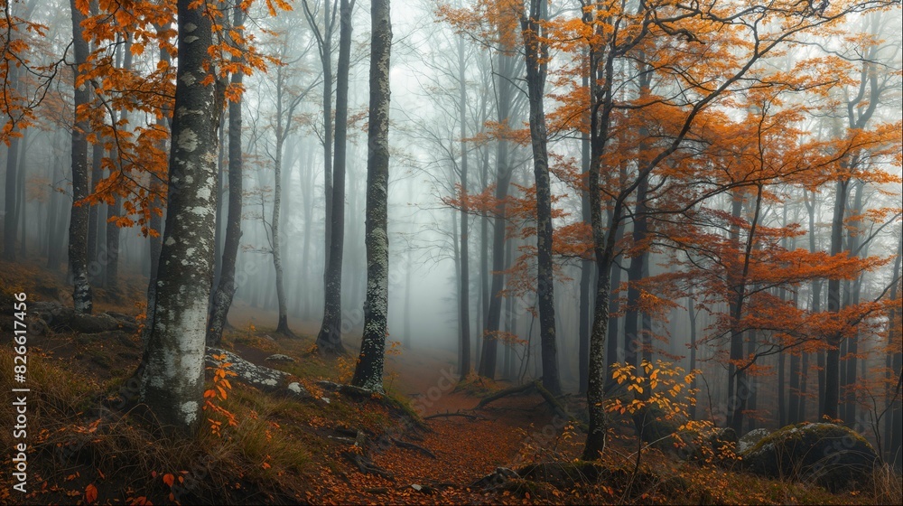 Autumn Forest Trail in Hazy Woodland Scenery