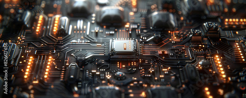 Detailed view of a high-tech circuit board with illuminated pathways and microchip