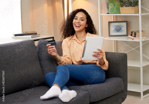 Free Download Home, tablet and woman with credit card, portrait and ecommerce with internet, smile and payment. Person, apartment and girl with tech, paying for goods and online shopping for commercial product - GFXLoad