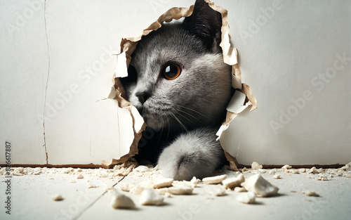 A Chartreux cat breaks through the white wall of a room