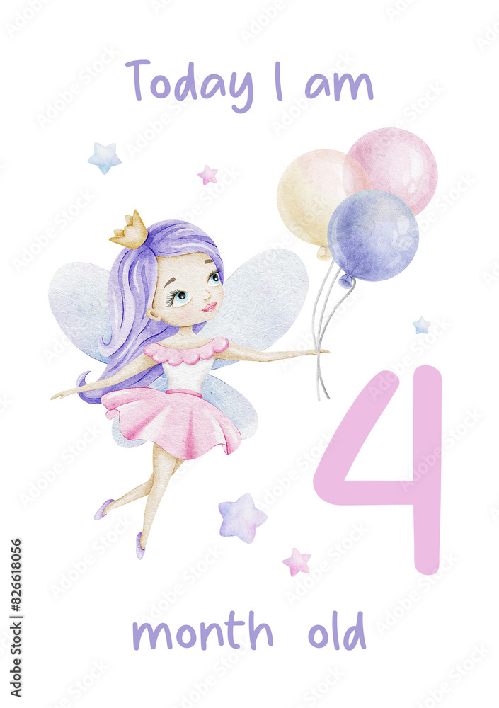 Baby Milestone Card of Cute little fairy with Air Balloons and stars. Baby's four month. Four months of baby girl. Monthly numbers cards. Newborn month postcard. Card for kids' photos. Baby Milestone Card of Cute little fairy with Air Balloons and stars. Baby's four month. Four months of baby girl. Monthly numbers cards. Newborn month postcard. Card for kids' photos.