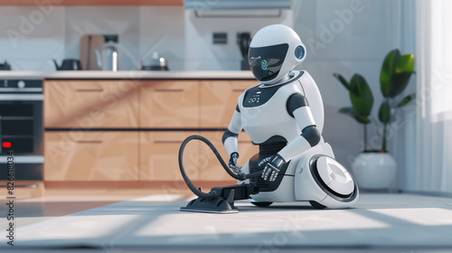 Domestic robot vacuuming kitchen floor