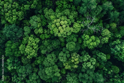 Drone shot overlooking a dense  vibrant forest canopy  creating a natural green texture