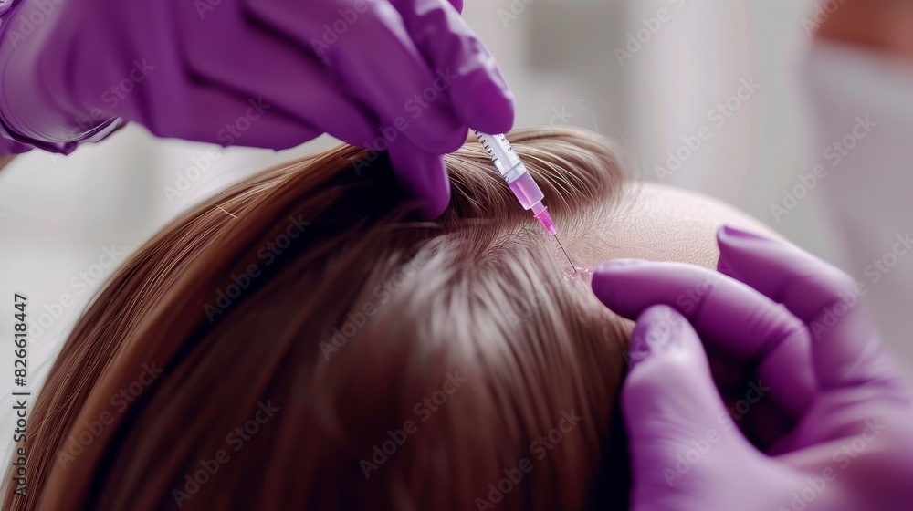 Fototapeta premium Patient receiving plasma injections on their scalp in a clinical setting
