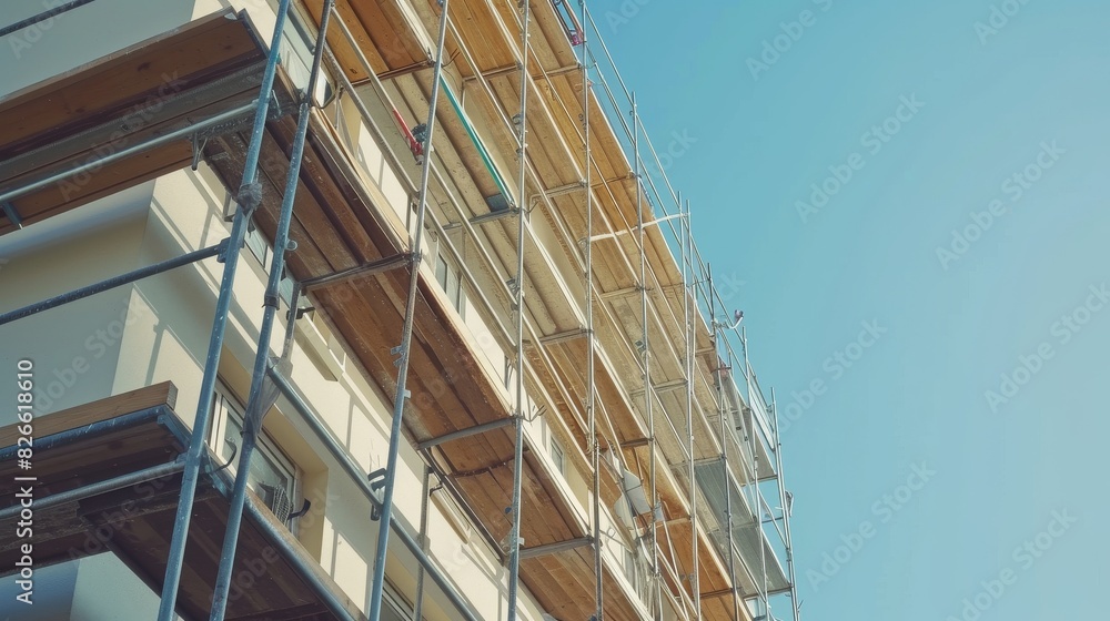 Scaffolding around a house under construction for plastering and painting Scaffolding around a house under construction for plastering and painting