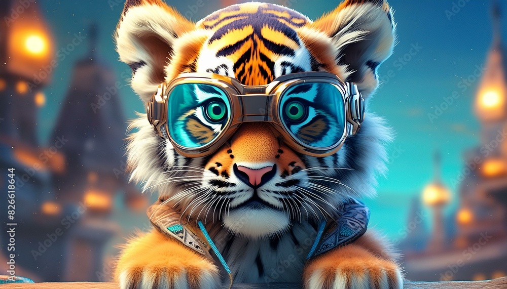 A baby tiger with goggles looking innocent 