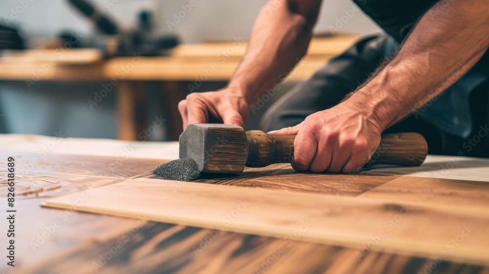 Master installer using a tapping block and hammer to fit laminate flooring planks together seamlessly Master installer using a tapping block and hammer to fit laminate flooring planks together seamlessly
