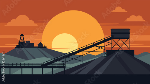 The sun setting behind the silhouette of a giant conveyor belt carrying lignite from the mining site to a nearby processing plant.. Vector illustration