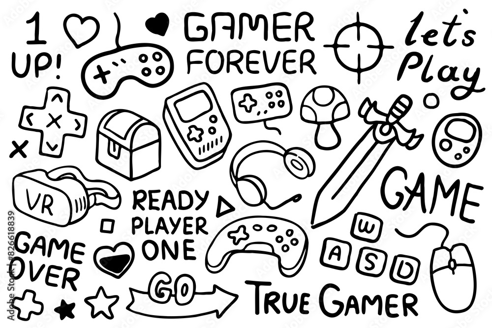 Video game illustrations set. Video game devices, icons, items black line art, outline illustrations and lettering sayings for gamers Video game illustrations set. Video game devices, icons, items black line art, outline illustrations and lettering sayings for gamers