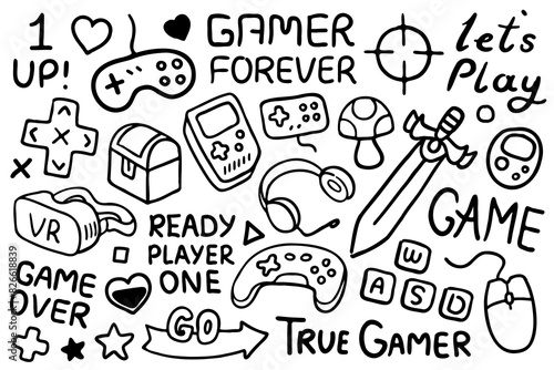 Video game illustrations set. Video game devices, icons, items black line art, outline illustrations and lettering sayings for gamers