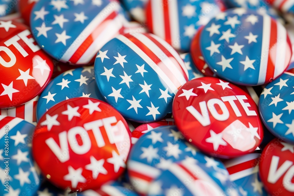 Fototapeta premium AI generated illustration of red, white, and blue buttons with the word