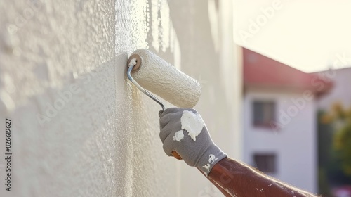 Fototapeta Naklejka Na Ścianę i Meble -  Close-up of a painters hand using a roller to spread fresh white paint on the building's exterior wall