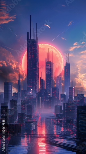 As the sun dipped below the horizon, the futuristic city skyline illuminated with a myriad of neon lights, painting the sky with hues of violet and azure. photo