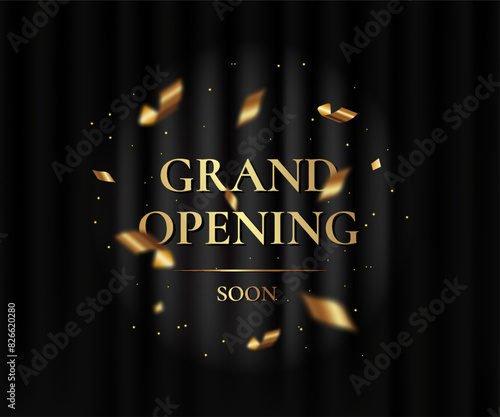 Black curtain with spotlight. Grand openning luxury banner witch golden text, foil confetti and glitter. Vector illustration
