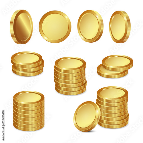 Set of realistic golden coins on white background. Stack of golden 3d coins. Vector illustration