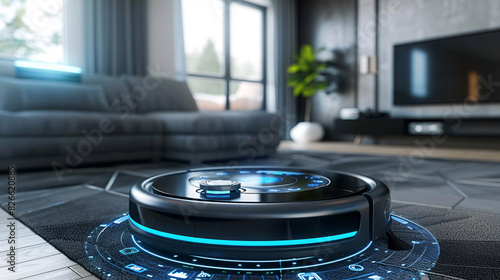 Modern robot vacuum cleaner in a smart home living room