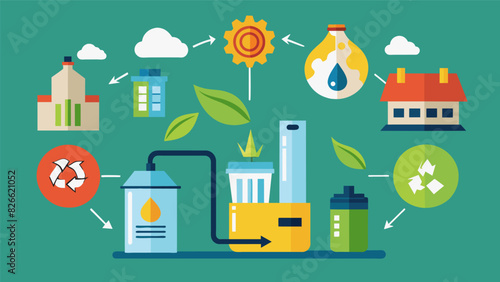 The recycling process produces more than just usable oil with byproducts like glycerin and biofuels also being extracted and repurposed.. Vector illustration