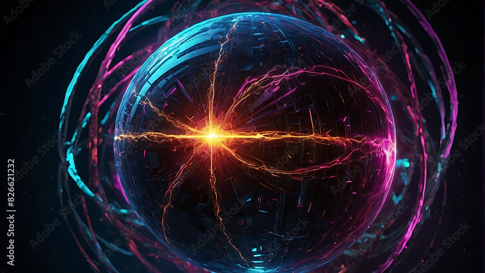 Abstract neon energy sphere with a hollow circle in the center with pulsing majestic energy particles dancing around the outline of the circle sphere on a dark background Abstract neon energy sphere with a hollow circle in the center with pulsing majestic energy particles dancing around the outline of the circle sphere on a dark background