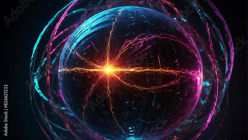 Abstract neon energy sphere with a hollow circle in the center with pulsing majestic energy particles dancing around the outline of the circle sphere on a dark background photo