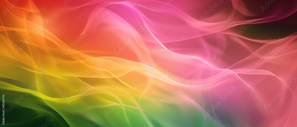 Fototapeta premium Ultrawide Abstract Dark Background With Smoke Waves In Orange, Pink And Green Color Theme