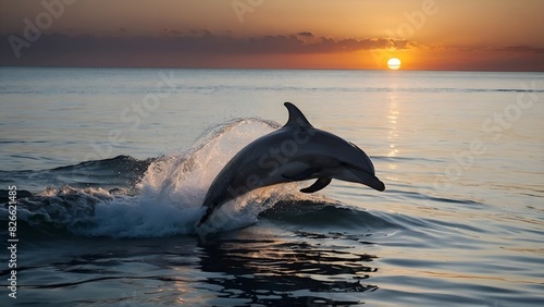 A dolphin jumps in the water with a sunset background behind it photo