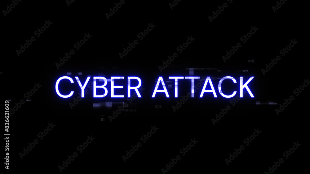 3D rendering cyber attack text with screen effects of technological glitches