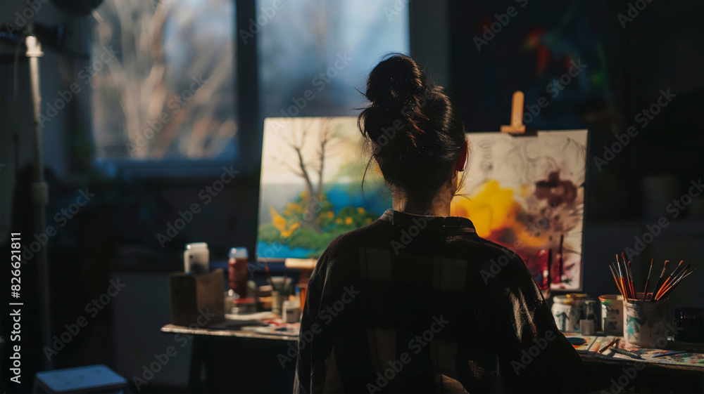Girl artist in her gallery, shirtless, hair gathered, back view, looking at her painting. creative process.	

