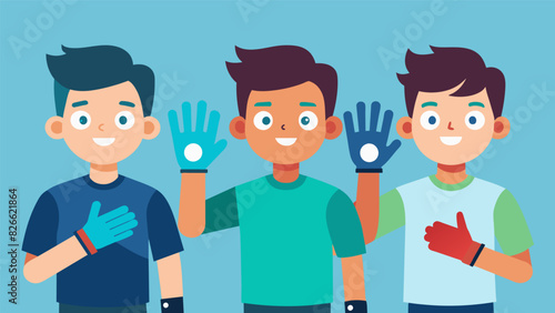 A group of boys showing off their smart gloves which allow them to control their music and phone calls with just hand gestures.. Vector illustration