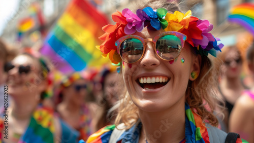 Smiling LGBTQ  Participant at Pride Parade Wearing Rainbow Flower Crown and Reflective Sunglasses