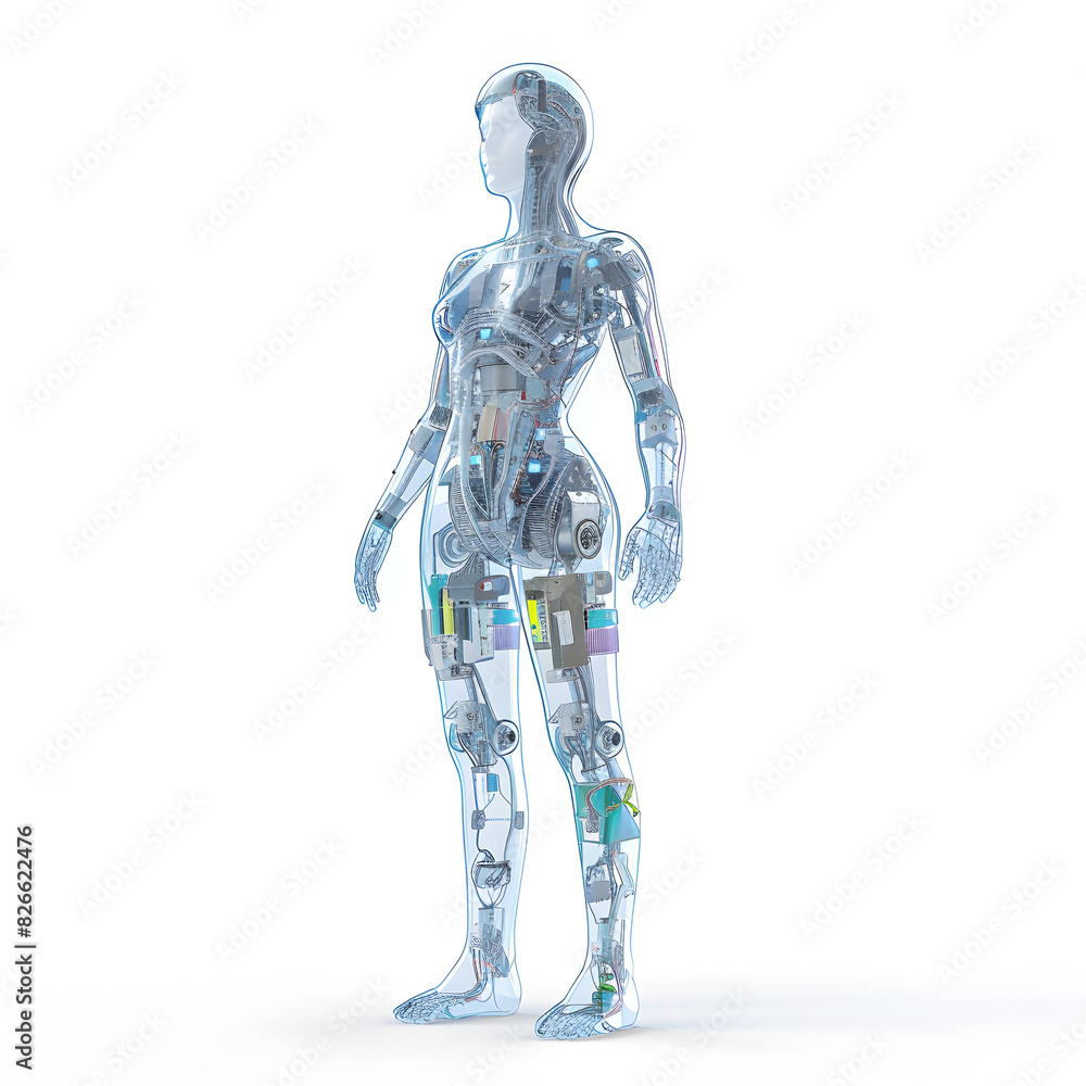 Futuristic 3D Female Character with Transparent Body Revealing IGBT Structures for Technological Innovation Concept on White Background Futuristic 3D Female Character with Transparent Body Revealing IGBT Structures for Technological Innovation Concept on White Background