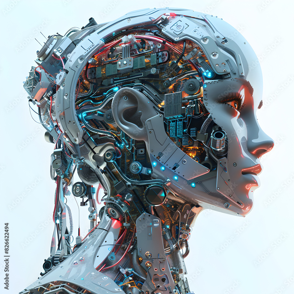 Fototapeta premium Technological Fusion: Futuristic 3D Female Character with IGBT Components Representing Human-Tech Synergy