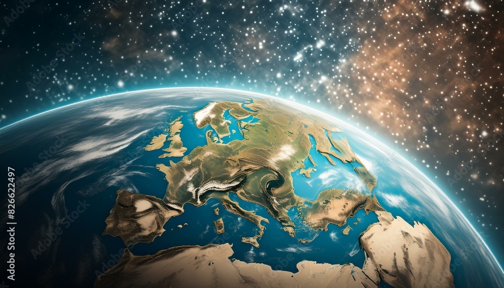 Naklejka premium Planeta terra visto do espaço com o universo apresentado ao seu redor