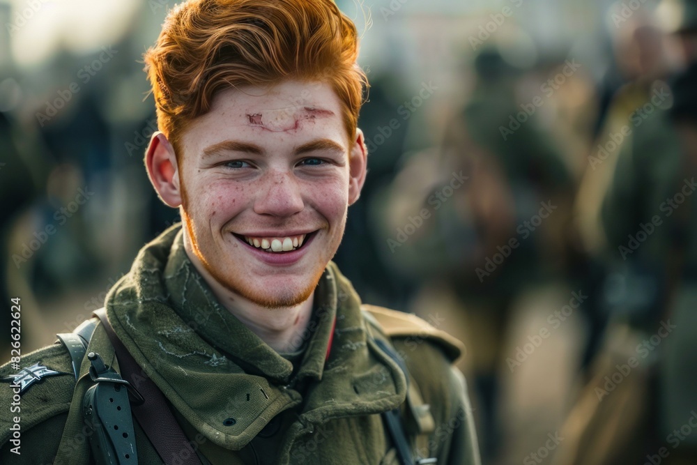 Young man with red hair, smiling, dressed in a vintage military uniform, with soft focus background Young man with red hair, smiling, dressed in a vintage military uniform, with soft focus background