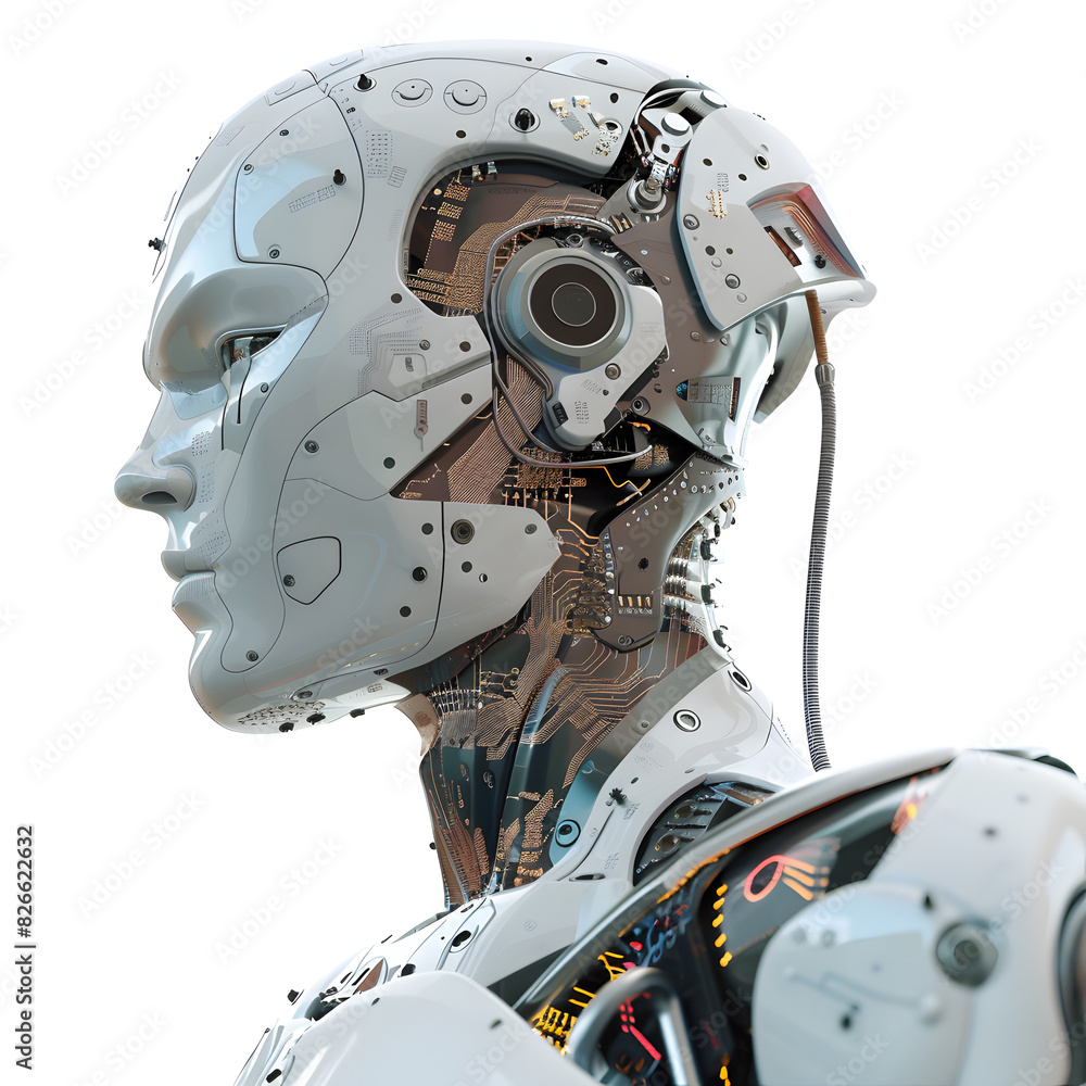 Fototapeta premium Futuristic Male Character with Visible IGBT Components on White Background - High-Tech Technology Concept