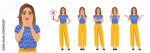 Beautiful business woman wearing bright clothes in different poses showing negative emotions with different gestures. Isolated vector illustration collection