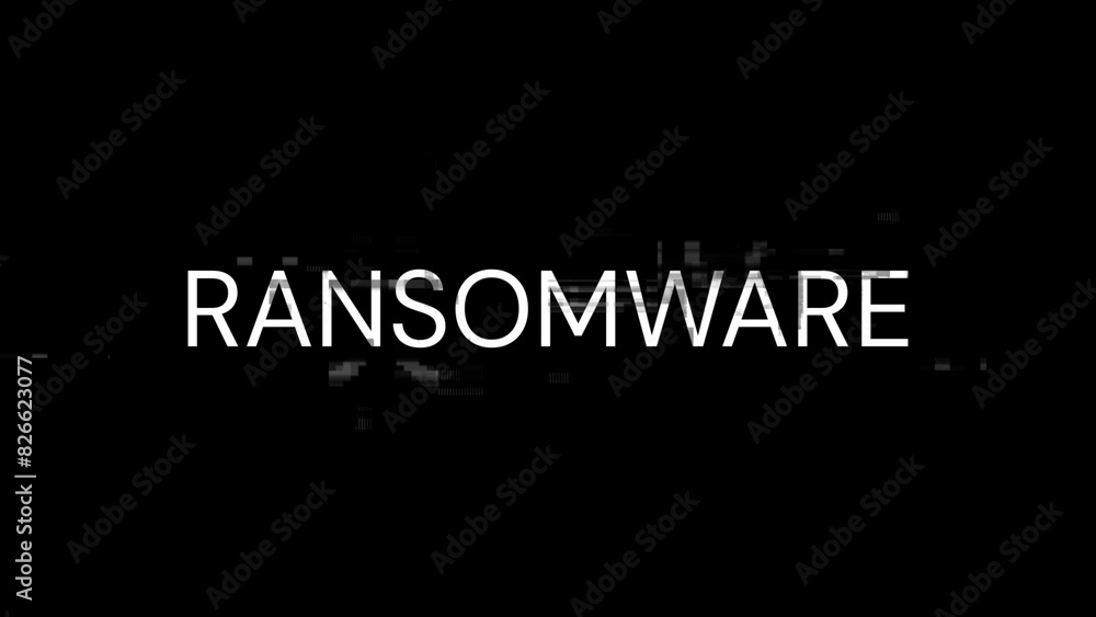 3D rendering ransomware text with screen effects of technological glitches