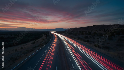 High-Speed Data Concept. Neon Trails Along highway Road with no cars