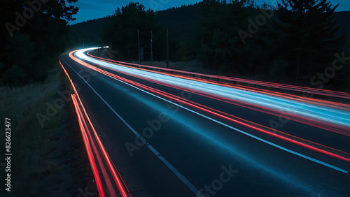 High-Speed Data Concept. Neon Trails Along highway Road with no cars