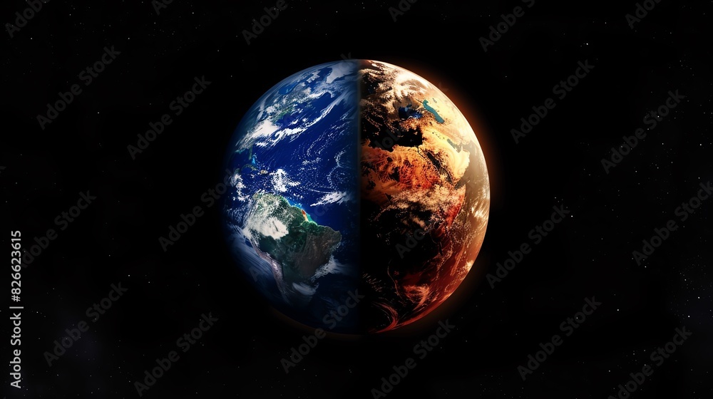 Naklejka premium This image portrays the contrasting hemispheres of the Earth (assuming hot is right and rainy is left) in the Eastern Tropical Pacific Ocean. Black background emphasizes the La Nina El Nino effects.