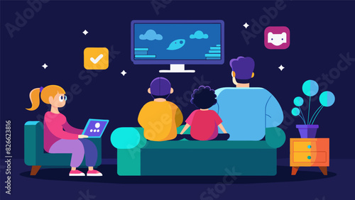 A family sitting together on a couch playing a trivia game on their TV using augmented reality technology to reinforce learning at home.. Vector illustration